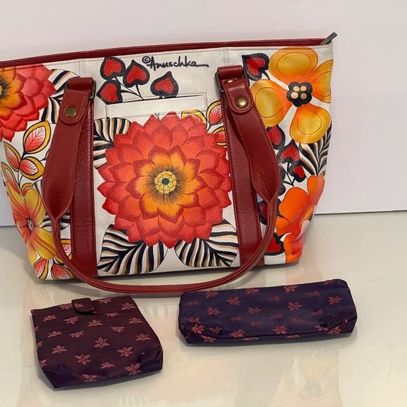 ANUSCHKA Purse Hand Painted Floral Flowers Leather Large Colourful Handbag - Picture 14 of 16